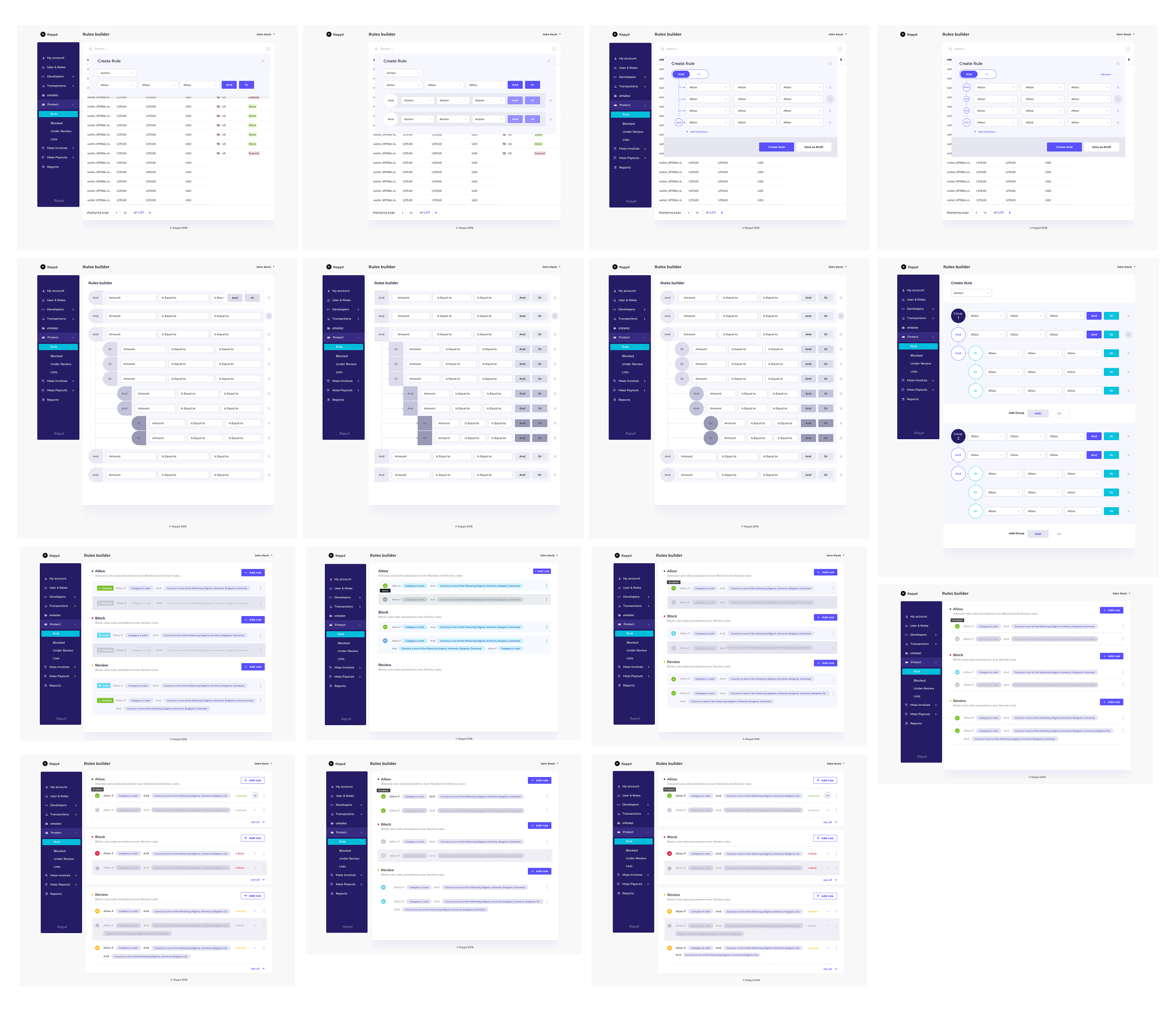 Collage of early Rule Builder design explorations and alternative layouts