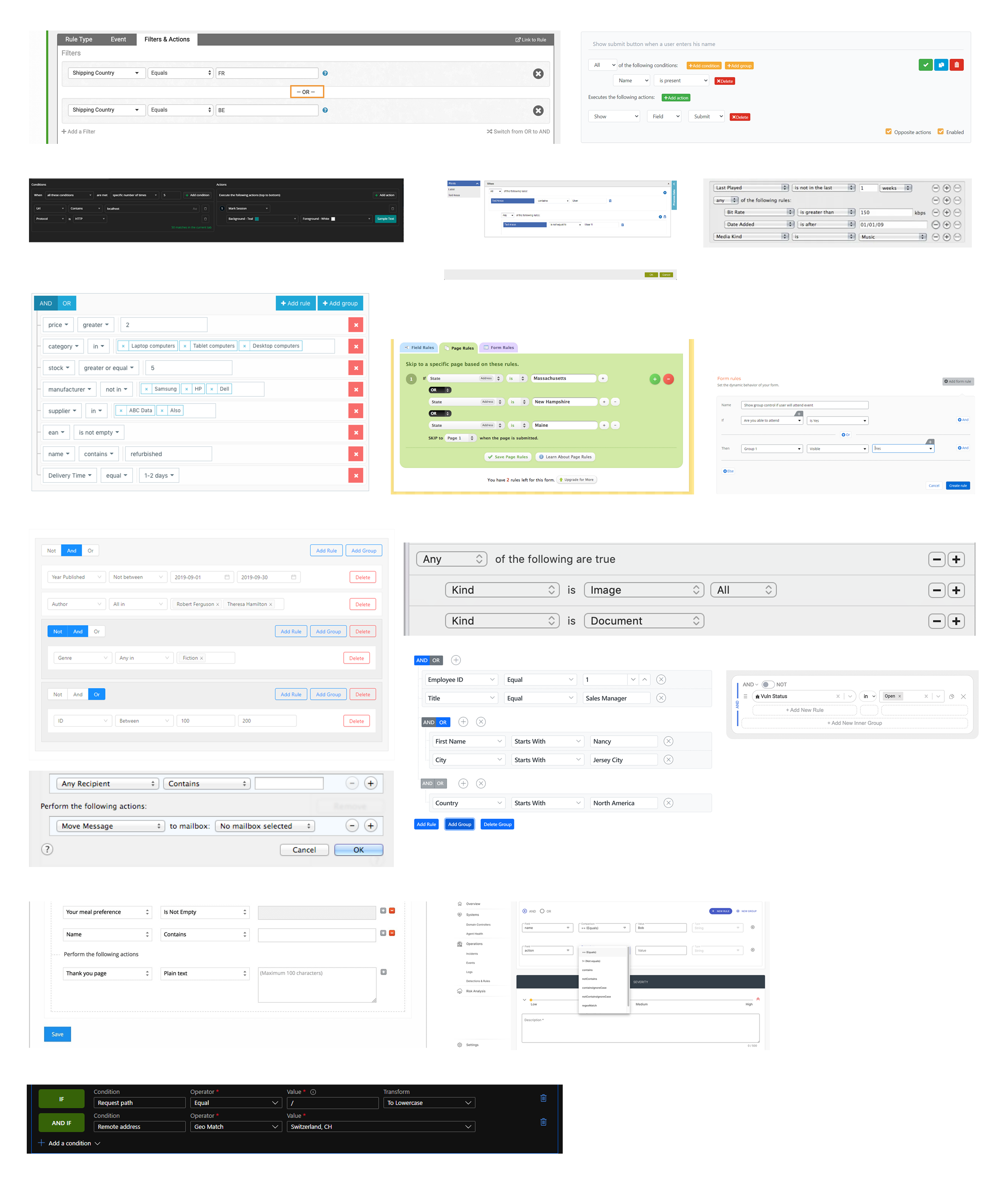 Collage of rule builder and conditional logic interface references