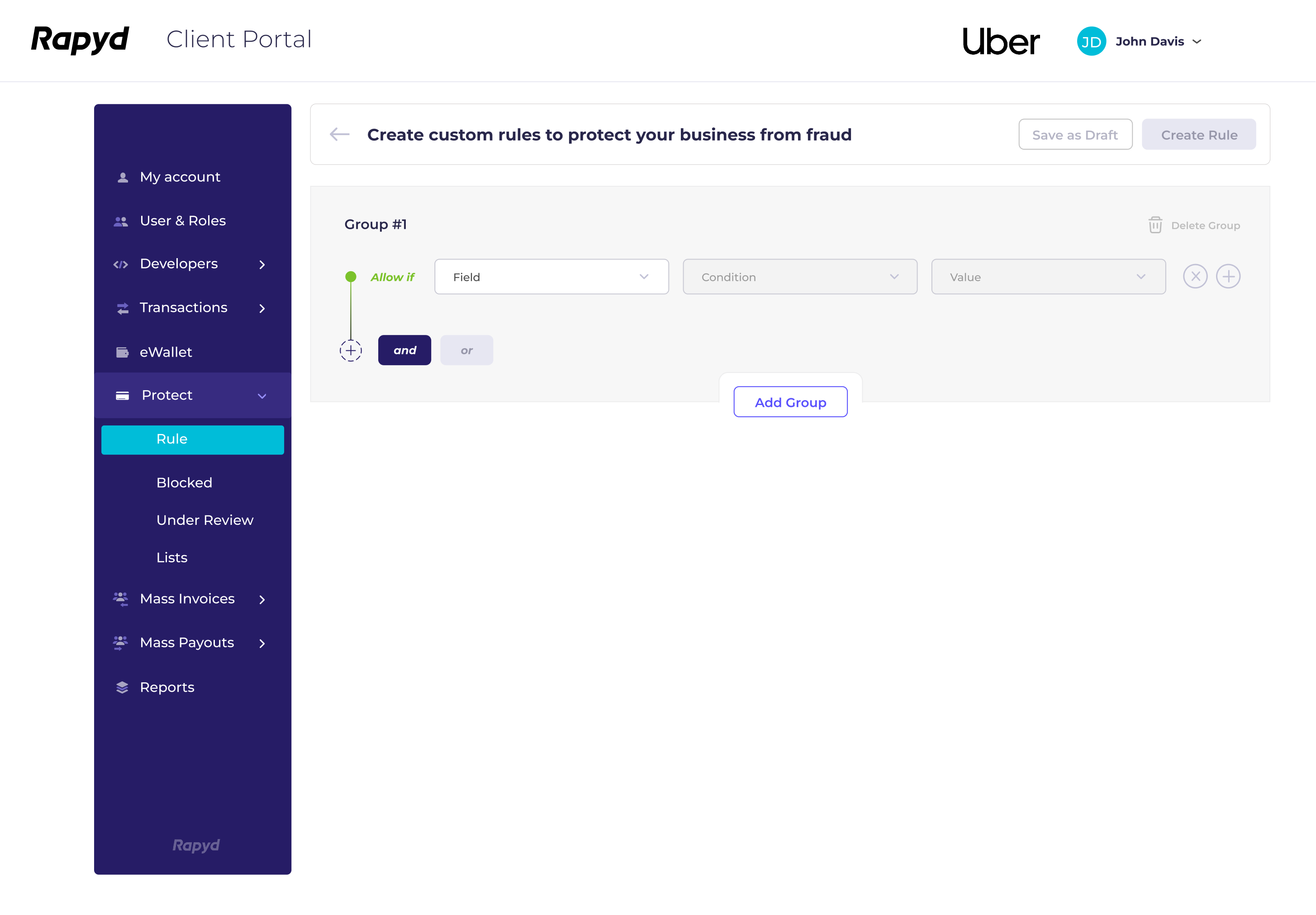 Rapyd Rule Builder starting state before conditions have been configured