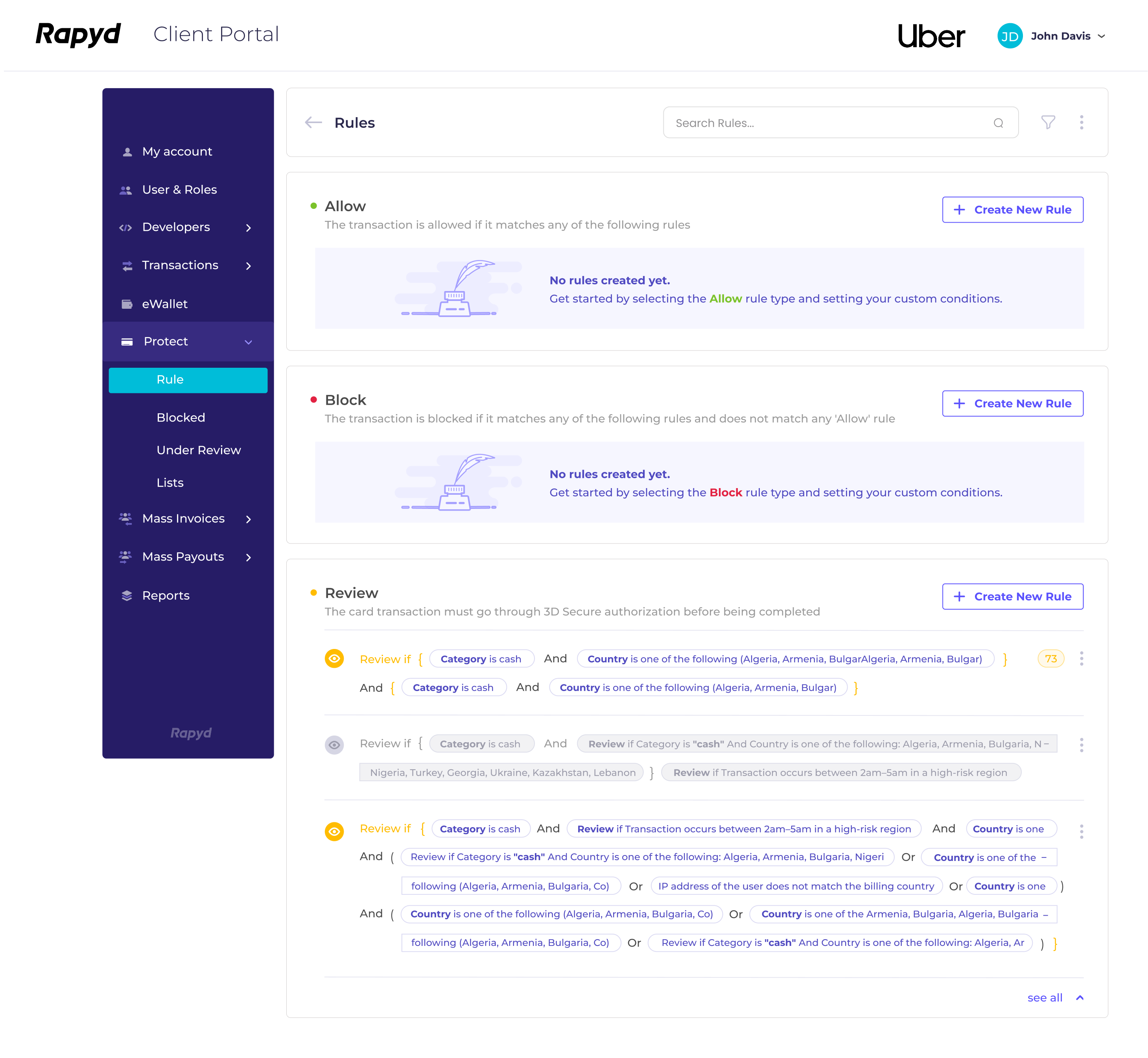 Rapyd Rules Library empty state showing guidance before rules have been created
