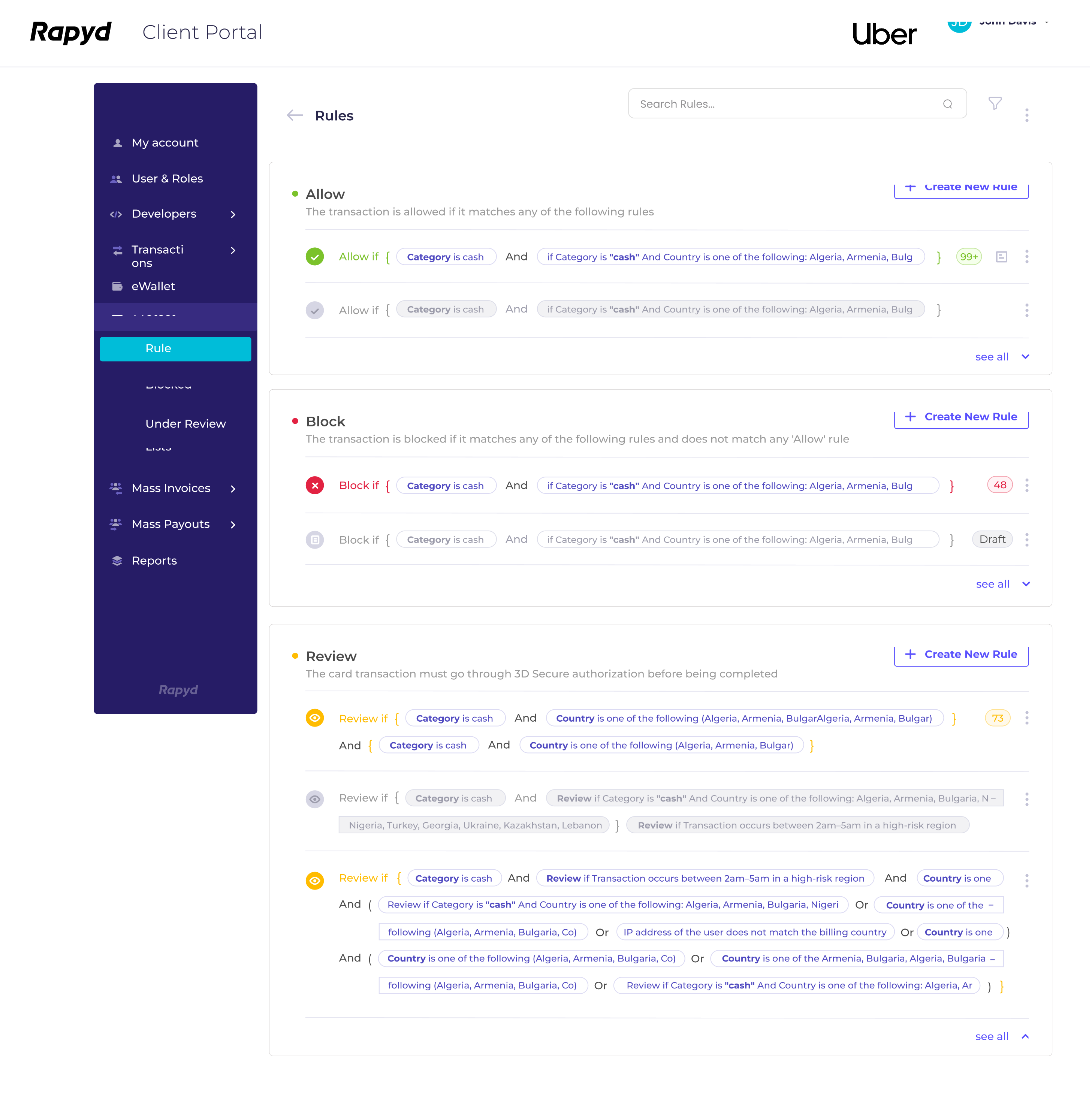 Complete Rapyd Rules Library screen with populated Allow, Block, and Review rule groups