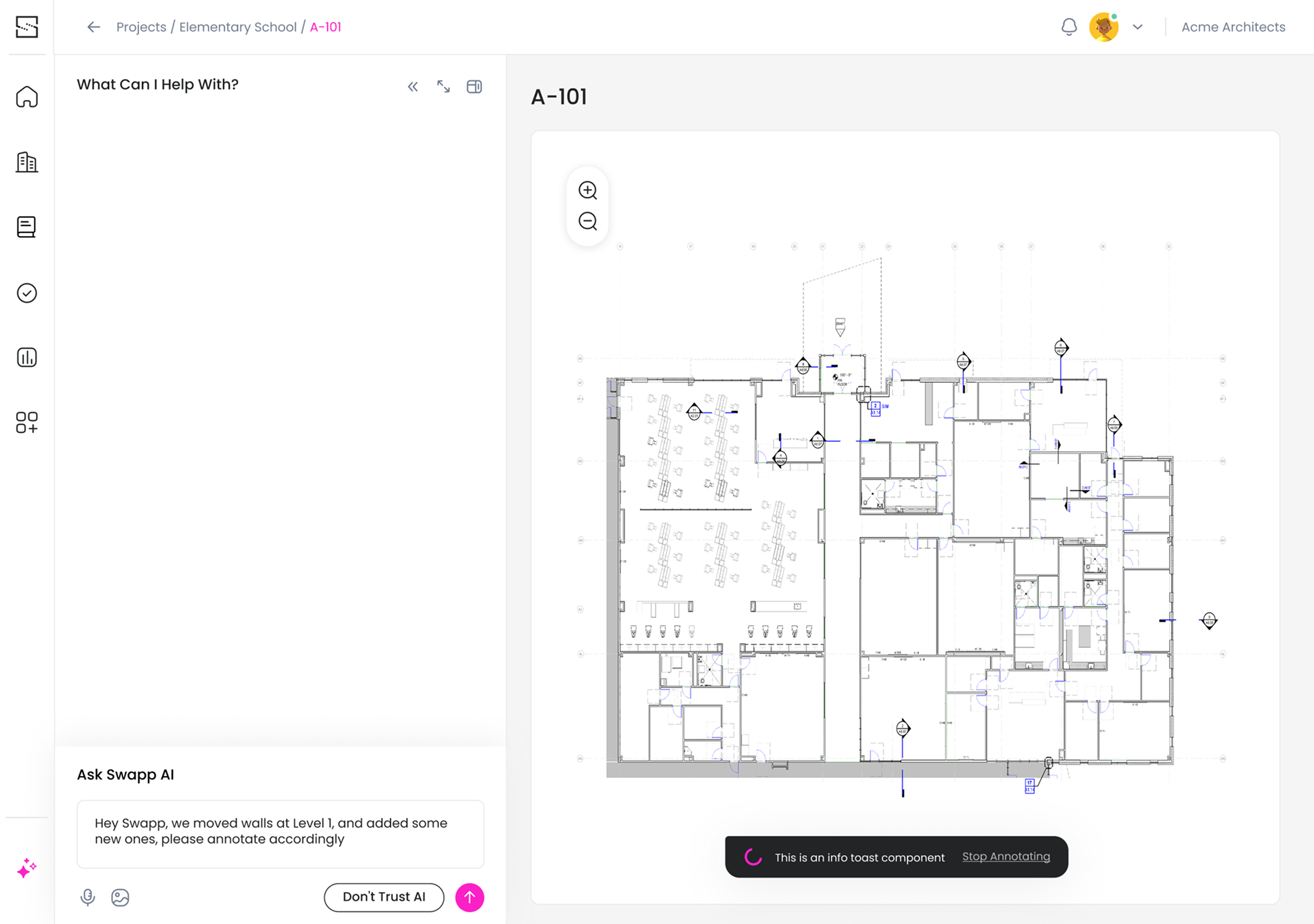 SWAPP.AI conversation step 01 showing the architect request and processing toast