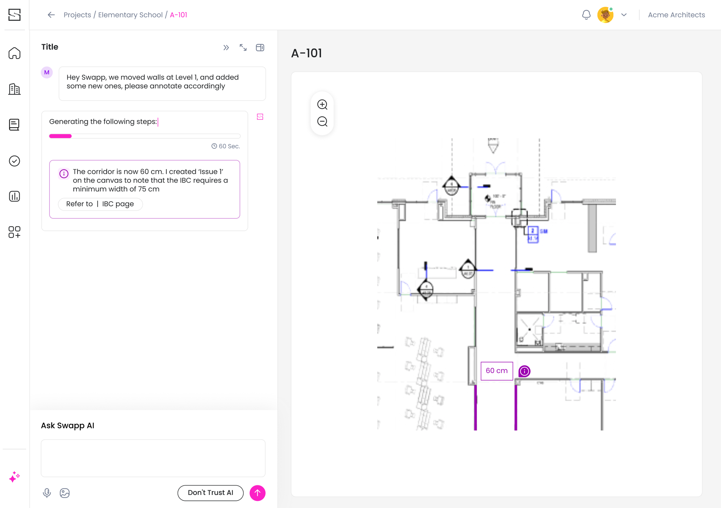 SWAPP.AI assistant translating an architect request into a reviewable plan change