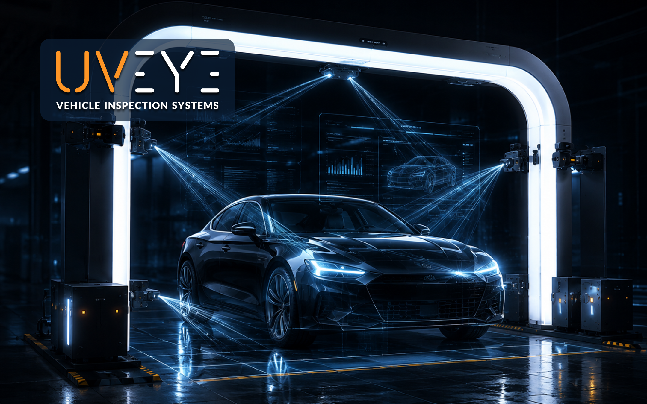 UVeye vehicle inspection tunnel scanning a car with computer vision sensors
