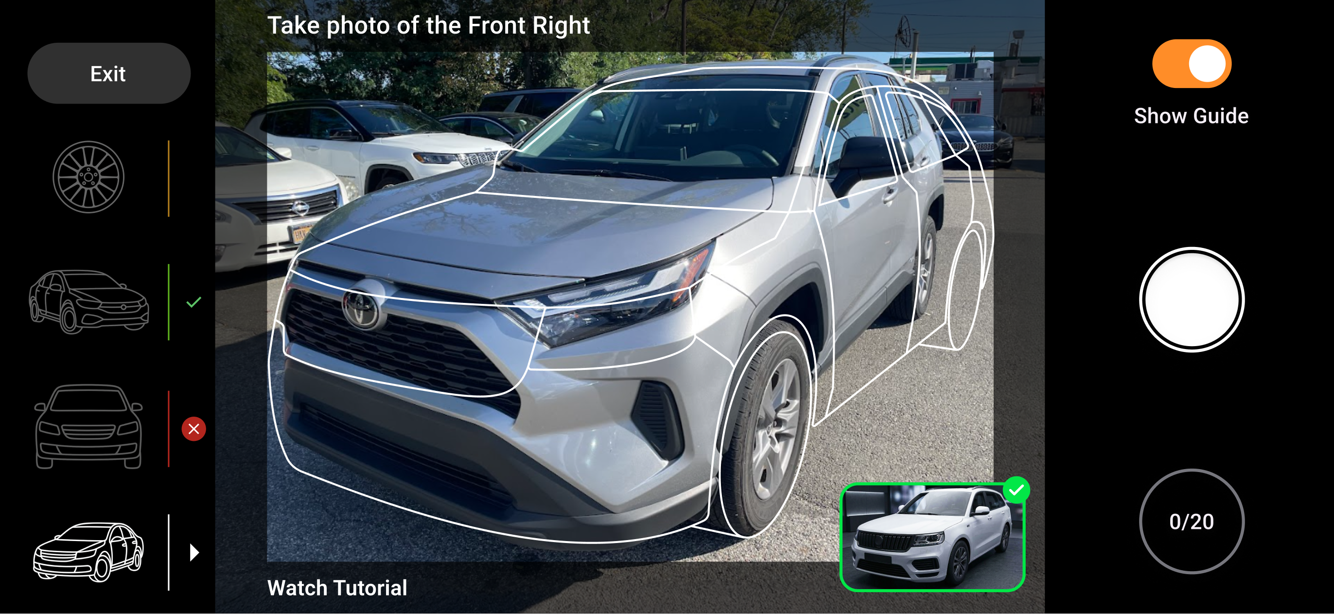 UVEYE guided vehicle capture interface with a visual alignment overlay